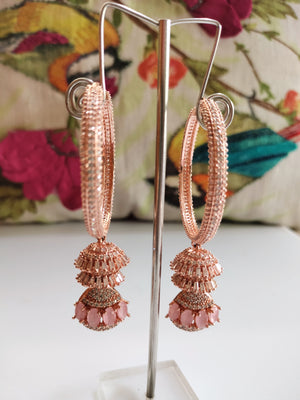 E01007_Ravishing grand layered designer rose gold  hoop jumkas with delicate stone work.