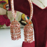 E01001_Ravishing grand layered designer rose gold  hoop jumkas with delicate stone work.