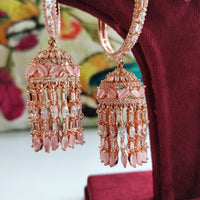 E01001_Ravishing grand layered designer rose gold  hoop jumkas with delicate stone work.