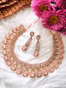 N01103_Lovely designer rose gold choker necklace embellished with American diamond stones with delicate baby pink stone work.