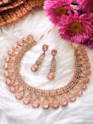 N01103_Lovely designer rose gold choker necklace embellished with American diamond stones with delicate baby pink stone work.