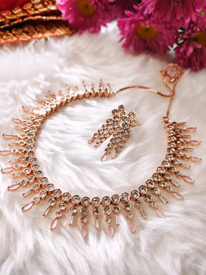 N01104_Lovely designer rose gold choker necklace embellished with American diamond stones with delicate baby pink stone work.