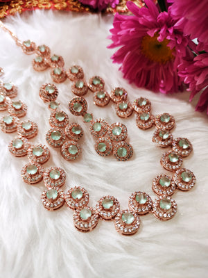 N01101_Lovely designer rose gold choker necklace embellished with American diamond stones with delicate Mint green stone work.