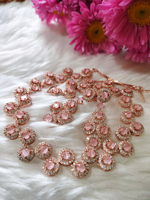 N01100_Lovely designer rose gold choker necklace embellished with American diamond stones with delicate stone work.