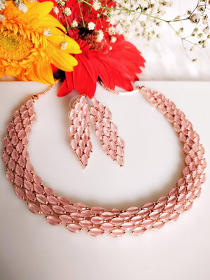 N01108_Lovely designer rose gold choker necklace embellished with American diamond stones with delicate baby pink stone work.