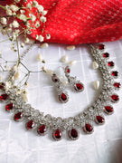 N01114_Lovely designer rodium polished choker necklace embellished with American diamond stones with delicate red stone work.