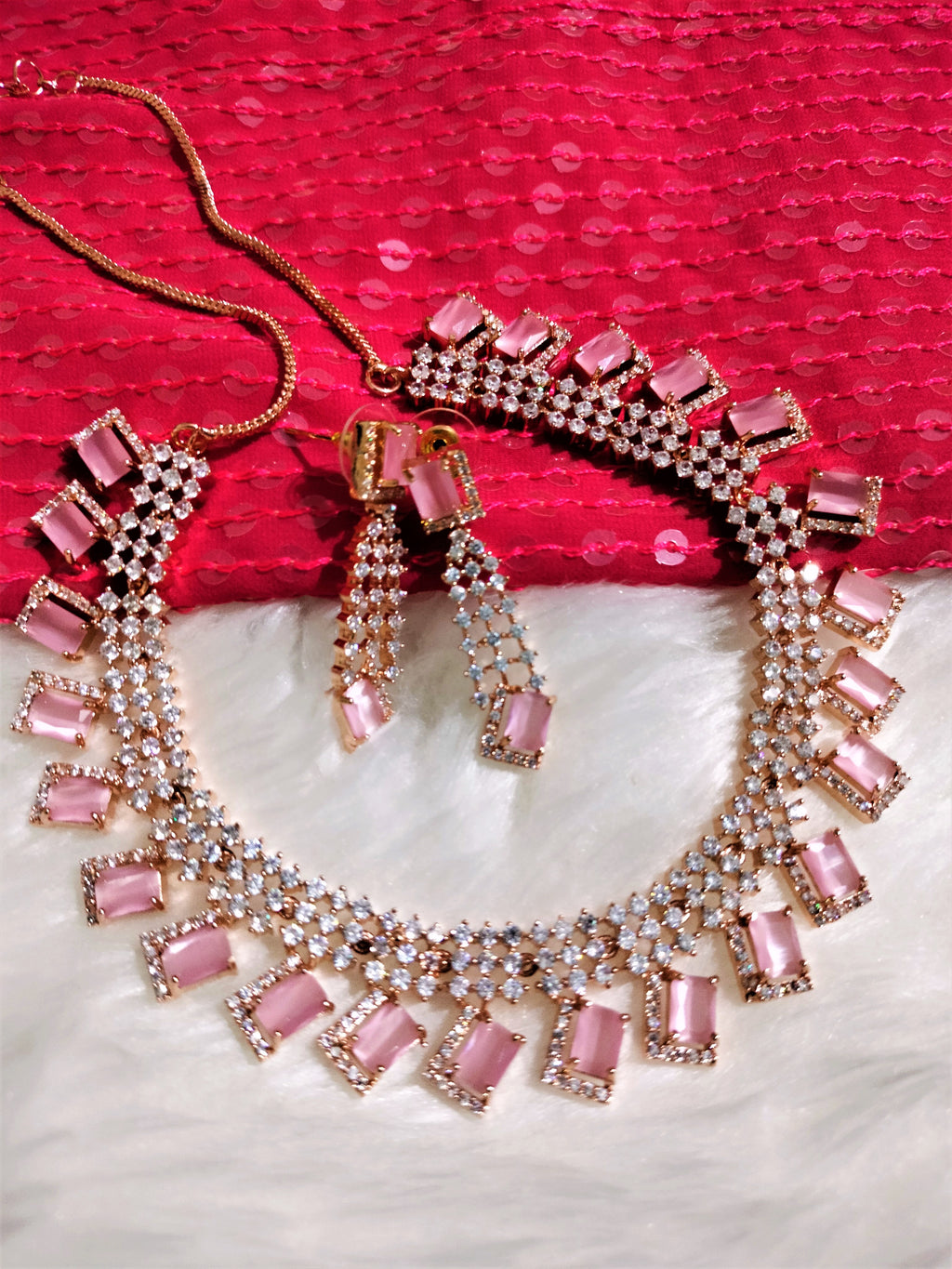 N01115_Lovely designer Rose polished choker necklace embellished with American diamond stones with delicate pink stone work.