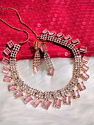 N01115_Lovely designer Rose polished choker necklace embellished with American diamond stones with delicate pink stone work.