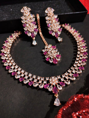 N01128_Lovely designer Rose polished choker necklace embellished with American diamond stones with delicate pink stone work.