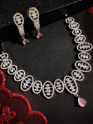 N01124_Lovely designer Rodium polished choker necklace embellished with American diamond stones with delicate pink stone work.