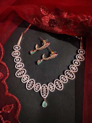 N01126_Lovely designer Rose polished choker necklace embellished with American diamond stones with delicate mint green stone work.