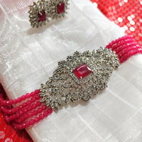 N02000_Classic designer hot pink crystal Grand square shaped pendant choker necklace set studded  with  American diamond stones.