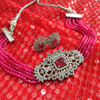 N02000_Classic designer hot pink crystal Grand square shaped pendant choker necklace set studded  with  American diamond stones.