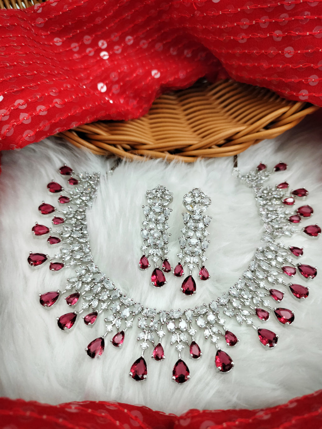 N01146_Grand Lovely designer Silver polished choker necklace embellished with American diamond stones with delicate white & Ruby Pink stone work.