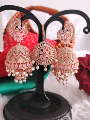 E01012_Ravishing grand layered designer Rose gold hoop Jumkas with Maangtika delicate Bany Pink stone work.