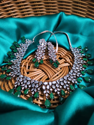 N01157_Grand Lovely designer Rose Gold & Metallic polished choker necklace embellished with American diamond stones with delicate Dark Green Stones work.