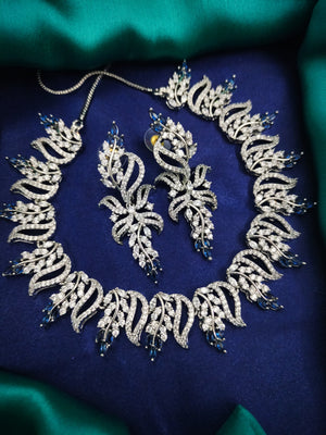 N01174_Grand Lovely designer Silver polished Necklace Set  embellished with American diamond stones with delicate blue Stones .