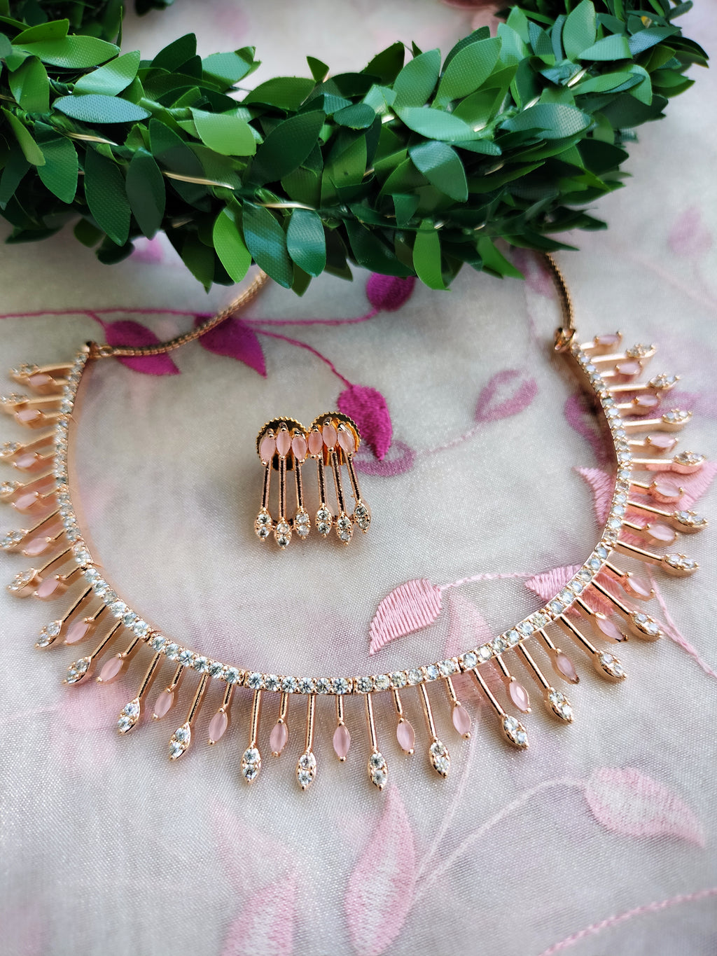 N01169_Grand Lovely designer Rose Gold polished choker Necklace Set  embellished with American diamond stones with delicate Baby Pink Stones work.