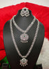 N01202_Elegant design Silver Polished American Diamond choker necklace studded with beautiful dazzling stones with delicate green work.