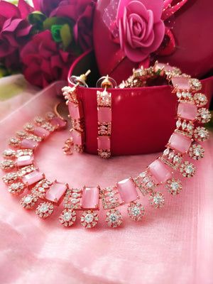 N0582_Lovely square design rose gold choker necklace embellished with delicate work of American diamond stones with a touch of pink stones.