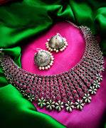 N02005_Exquisite pure German silver Oxidized necklace set studded with stones with a touch of pink stones & pearl drops.