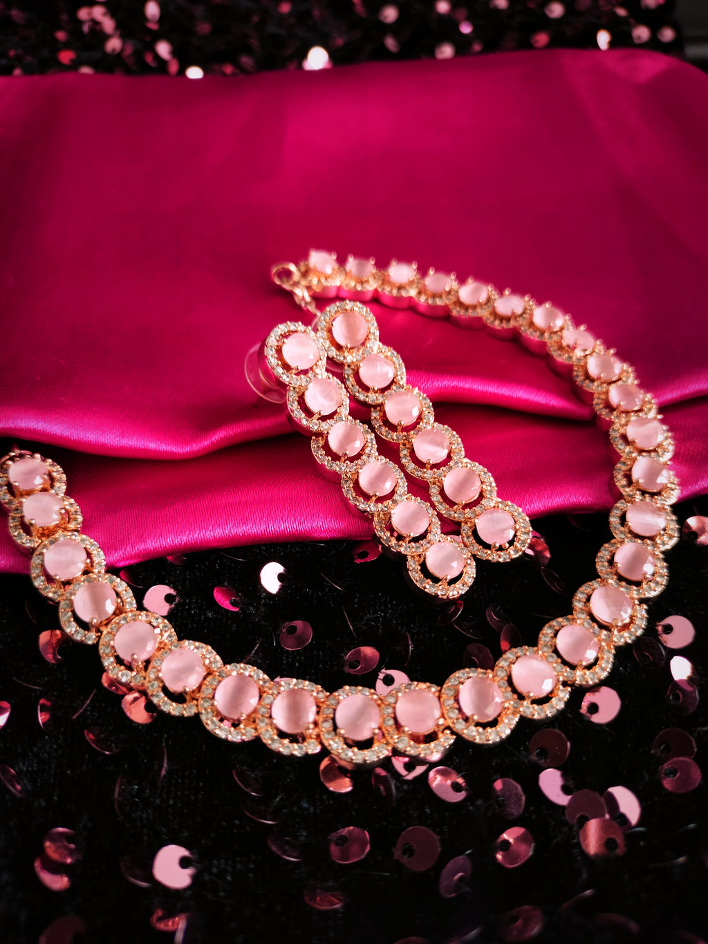 N02008_Gorgeous  designer rose gold american diamond embellished necklace set with a touch of  pink stones.