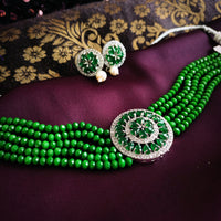 N02022_Classic designer Leafy Green pearl crystal Grand Round shaped pendant choker necklace set studded  with  American diamond stones.