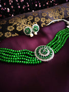 N02022_Classic designer Leafy Green pearl crystal Grand Round shaped pendant choker necklace set studded  with  American diamond stones.
