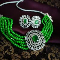 N02004_Classic designer leafy green crystal Grand square shaped pendant choker necklace set studded  with  American diamond stones.