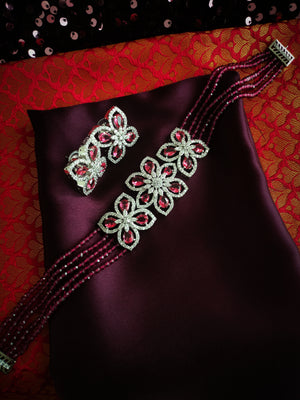 N0575_Classic designer crystal with floral design pendant choker necklace set studded  with  American diamond stones.