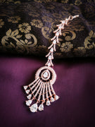 M028_Elegant designer rose gold American diamond studded Maang tika with delicate stone work.