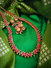 N03024_Reversible classic matte gold polished long temple jewelry style crafted design gold plated necklace set embellished with ruby and green stones .