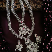 N03033_Bridal Gorgeous  designer silver polished American diamond embellished necklace set with one short & one long designer necklace set, grand earring