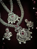 N03033_Bridal Gorgeous  designer silver polished American diamond embellished necklace set with one short & one long designer necklace set, grand earring