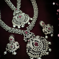 N03033_Bridal Gorgeous  designer silver polished American diamond embellished necklace set with one short & one long designer necklace set, grand earring