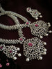 N03035_Bridal Gorgeous  designer silver polished American diamond embellished necklace set with one short & one long designer necklace set, grand earring