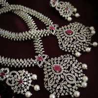 N03035_Bridal Gorgeous  designer silver polished American diamond embellished necklace set with one short & one long designer necklace set, grand earring