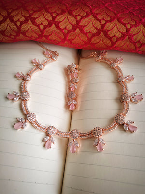 N01198_Elegant design Rose Gold Polished American Diamond choker necklace studded with beautiful dazzling stones with delicate pink work.