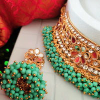 N03046_Bridal Rama green/ Sea Green Gorgeous designer gold polished mirror work embellished necklace set with one short & one long designer necklace set, grand earring and maangtika