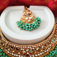 N03046_Bridal Rama green/ Sea Green Gorgeous designer gold polished mirror work embellished necklace set with one short & one long designer necklace set, grand earring and maangtika