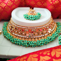 N03046_Bridal Rama green/ Sea Green Gorgeous designer gold polished mirror work embellished necklace set with one short & one long designer necklace set, grand earring and maangtika