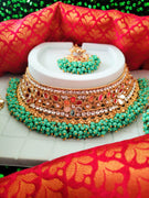N03046_Bridal Rama green/ Sea Green Gorgeous designer gold polished mirror work embellished necklace set with one short & one long designer necklace set, grand earring and maangtika