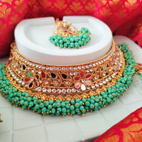 N03046_Bridal Rama green/ Sea Green Gorgeous designer gold polished mirror work embellished necklace set with one short & one long designer necklace set, grand earring and maangtika