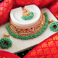 N03046_Bridal Rama green/ Sea Green Gorgeous designer gold polished mirror work embellished necklace set with one short & one long designer necklace set, grand earring and maangtika