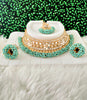 N03046_Bridal Rama green/ Sea Green Gorgeous designer gold polished mirror work embellished necklace set with one short & one long designer necklace set, grand earring and maangtika