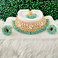 N03046_Bridal Rama green/ Sea Green Gorgeous designer gold polished mirror work embellished necklace set with one short & one long designer necklace set, grand earring and maangtika