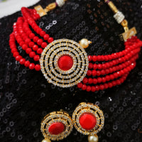 N03059_ classic gold polished jewelry choker style crafted design gold plated necklace set embellished with red crystal.