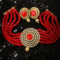 N03059_ classic gold polished jewelry choker style crafted design gold plated necklace set embellished with red crystal.