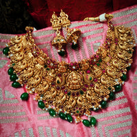N03074_ Grand classic matte gold polished temple jewelry Long Haram & grand choker crafted design gold plated necklace set embellished with green stones .