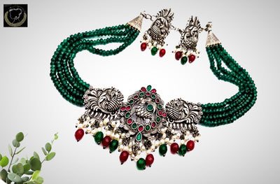 N0100_Classy Matte Silver Oxidized crafted choker Necklace with delicate work of Emerald Green crystals